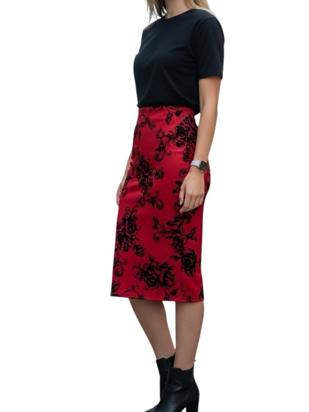 MESSINI Women's Red Floral-Print Midi Skirt Straight Pencil Skirt Size Large NEW